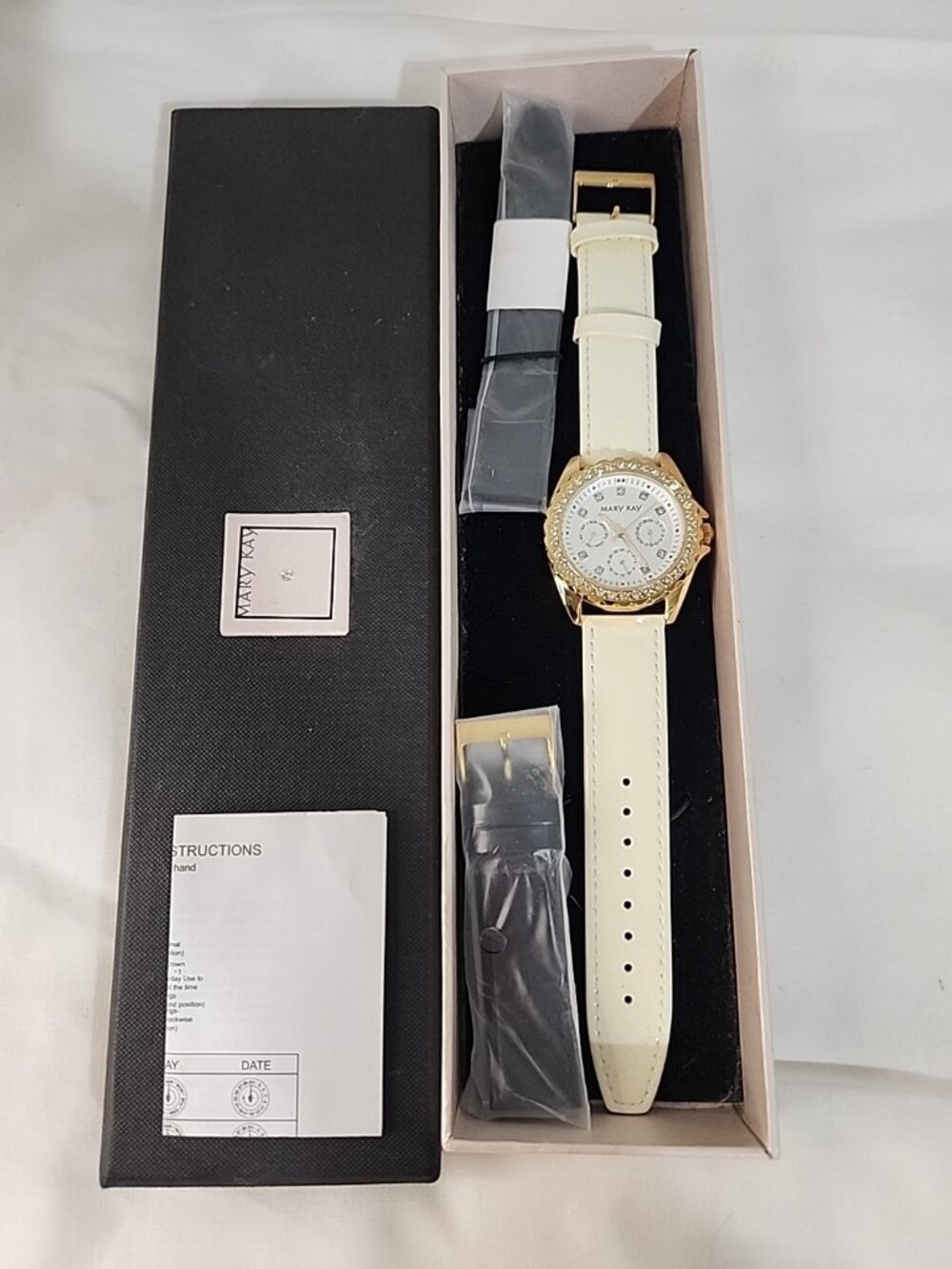 Mary Kay Watch New W/ Additional Bands.Needs Battery Faux Crystals Gold Toned